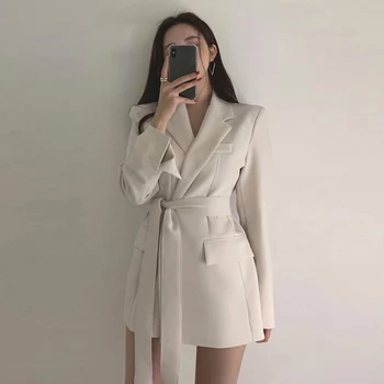 2023 Kadın Uzun Dış Giyim Ceket Sashes Sonbahar OL Kore Yeni Moda Katı Blazers İngiliz Tarzı Zarif Siyah Bej Blazer Ceket