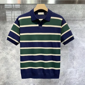 2023 Yaz Casual Erkek T-Shirt Nefes Yaka Polo Tees Erkek Giyim Vintage Şerit Kontrast Dikiş kısa kollu tişört