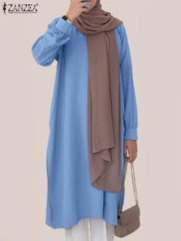 2023 ZANZEA Kadınlar O Boyun Uzun Kollu Bölünmüş Hem Bluz Müslüman Eid Mubarek Ramazan Gömlek Casual Katı Uzun Üstleri Moda Blusas