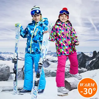 -30 Çocuk Kayak Takım Elbise Açık Spor Su Geçirmez Rüzgar Geçirmez Erkek Kız Kalınlaşmak Süper Sıcak Kayak Pantolon Ve Snowboard Ceket 2 adet