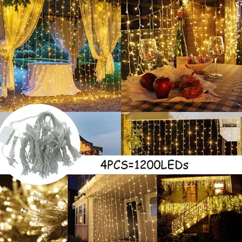 4 ADET=1200 Leds 8 fonksiyonel fiş tipi perde dize ışık noel peri dekorasyon ışık için uygun düğün / aile / yatak odası