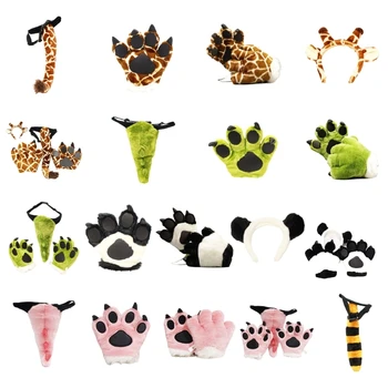 4 Hayvan Kostüm Aksesuarları Seti Panda / Zürafa / Dinozor / Ayı Kulaklar Kafa Bandı, Kuyruk Pençe Eldiven Aksesuar Çocuklar Dropship
