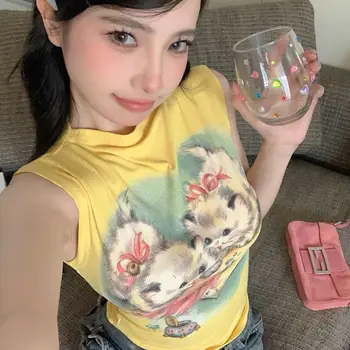 Baharatlı Kız Sevimli Kedi baskılı tişört kadın 2023 Yaz Harajuku Y2k Yarım Yüksek Yaka Kırpma Üst Moda Tatlı retro tişört Kadın