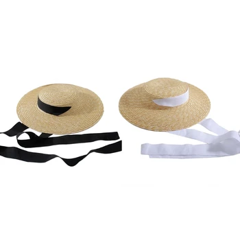 Bayan Yaz Büyük Geniş Ağız Düz Üst Saman güneş şapkası Vintage Uzun Şerit çene kayışı Seyahat Güneş Koruyucu Disket Plaj Kap