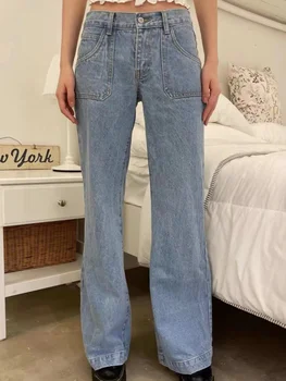 Casual Kadın Düğmesi Alçak Kot Sonbahar Şık Cepler Düz Kot pantolon Kadın Vintage Streetwear Y2k Pantolon 2023 Yeni