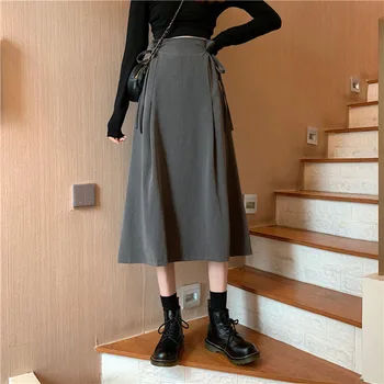 Elastik Bel Etek Kadın Sonbahar Yay Dantel-Up Düz Renk Elbise Zarif Moda Tiki Tarzı Gri Bayan Şık Etek