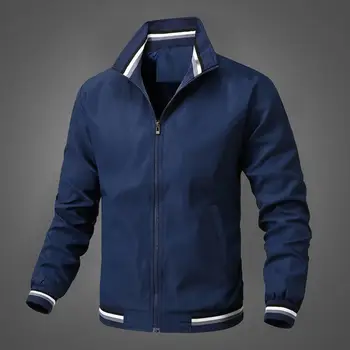 Erkek Rüzgarlık Ceketler Sonbahar Rahat Erkek Ceket Renk Bloğu Uzun Kollu Standı Yaka Fermuar Cepler Ceket Spor Ceket