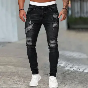 Erkekler Dört Mevsim Kot Yırtık Delik slim fit uzun kollu erkek gömlek erkek Kot Pantolon Yumuşak Nefes Streetwear Renk Eşleştirme ile Orta Bel Düğmesi Kalça