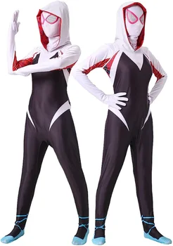 Gwen Örümcek Kostüm Kızlar Çocuklar için Beyaz Spidergirl Bodysuit Tulum Maskesi 3D Tarzı Cadılar Bayramı Kostümleri Cosplay Takım Elbise