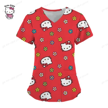 Hello Kitty Baskı Hemşirelik Scrubs Kadın T Shirt Kısa Kollu V Yaka Scrubs Üniformaları Bakıcılar Sağlık Tunik uniforme enfermera