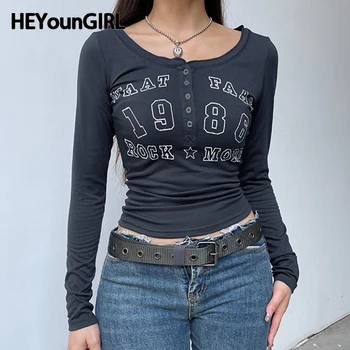 HEYounGIRL Y2K Düğme Yukarı Kadın Tee Gömlek Sonbahar Casual Vintage Mektubu Baskı Uzun Kollu Üstleri Örgü Slim Fit Temel T-shirt Kıyafetler