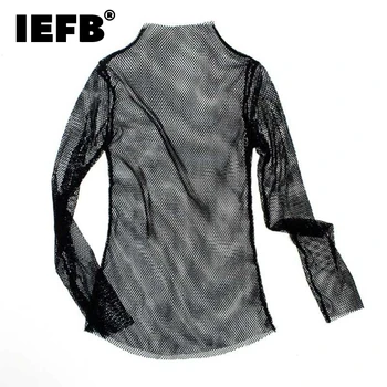 IEFB Kişiselleştirilmiş See-through Mesh Tasarım Kore Tarzı Düz Renk erkek Moda uzun kollu tişört 2023 Yeni Üstleri 9Y8533