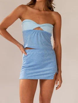 Kadın Yaz 2 ADET Kıyafet Setleri Kolsuz Kontrast Renk Tüp Üstleri + Mavi Bölünmüş Mini Etek Yoga Takım Elbise