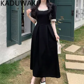 Kore Katı Dantel Patchwork Elbise Yaz Kare Yaka Kısa Kollu Elbiseler Şık Seksi Gevşek Bodycon A-line Uzun Vestidos Basit