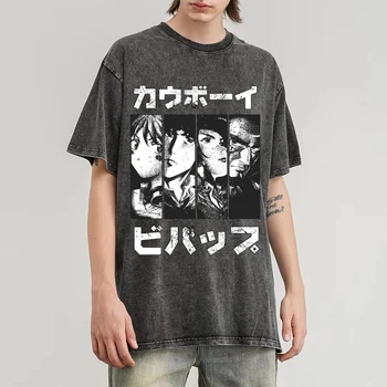 Kovboy Bebop Erkekler Boy Vintage Baskı T-Shirt Anime Kısa Kollu Jet Siyah Faye Sevgililer Başak Spiegel Arkadaşlar Baskı T-Shirt