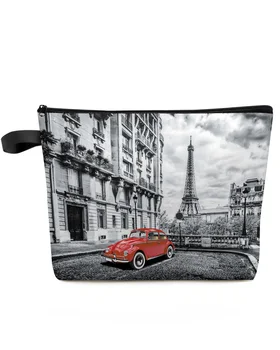 Kırmızı nostaljik araba Paris Kulesi Sokak Makyaj Çantası Kılıfı Seyahat Essentials Kadın Kozmetik Çantaları Tuvalet Organizatör Depolama kalem kutusu