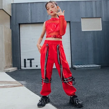Kızlar Serin konser sahnesi Kıyafetler Hip Hop Giyim Çocuk Sokak Giyim Modern Caz Dans Kostümleri Kırmızı Üstleri Pantolon