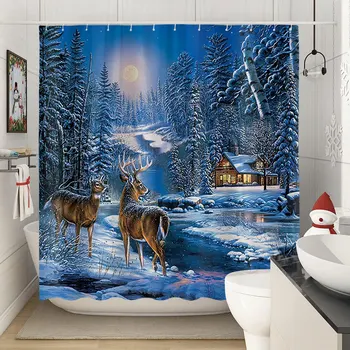 Kış Noel Duş Perdesi Noel Ren Geyiği Doğa Orman Karlı Manzara Çiftlik Evi banyo perdesi Polyester Kumaş Banyo Dekor