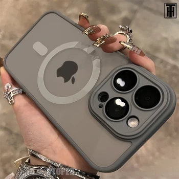 Lüks Titanyum Kül Mat Kılıf iPhone 14 13 12 11 15 Pro Max Artı Saydam Magsafe Manyetik Kablosuz Şarj Koruyun Kapak