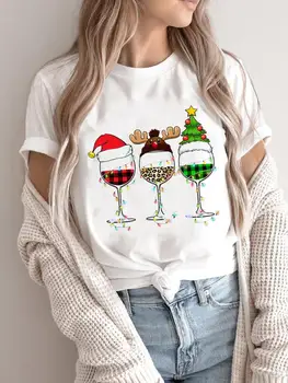 Merry Christmas Kadınlar Tatil Gömlek Giyim Baskı T Üst Ekose Şarap Trend Tarzı Grafik Tee Moda Kadın Yeni Yıl T-Shirt