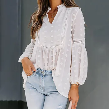 Moda Jakarlı Topu Uzun Fener Kollu Bluz Gevşek Gömlek kadın kıyafetleri İlkbahar Yaz Yeni Düz Renk V Yaka 28416