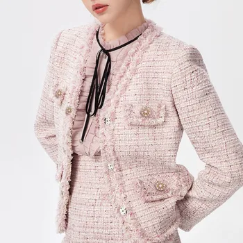 Pembe tüvit ceket Profesyonel ilkbahar / sonbahar kadın ceketi İş bayanlar tek parça Klasik ceket