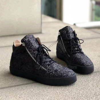 Siyah Giltter Yan Fermuar Erkekler Sneakers Moda Çapraz Bağlı erkek ayakkabısı Konfor El Yapımı Parti Bayram Ziyafet Ofis Erkekler rahat ayakkabılar