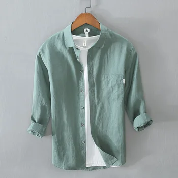 Sonbahar Düz Renk Cep Gömlek Erkekler 100 % Keten Harajuku Rahat Üç çeyrek Kollu Bluzlar Tops Erkek Basit Rahat Gömlek