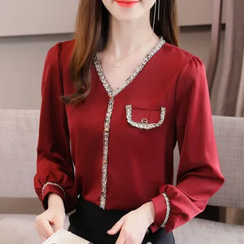 Sonbahar Yeni Moda Patchwork Şifon V Yaka uzun Kollu bluz Bayanlar Mizaç Parlak Çizgi Dekorasyon Kazak kadın Gömlek