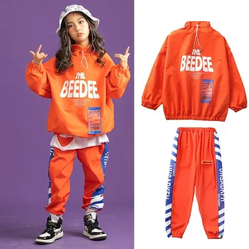 Takım elbise Kız Caz Sokak Dans Giyim Kıyafetler Rave Giyim Çocuk Hip Hop Dans Kostümleri Çocuklar İçin Turuncu Ceket Hiphop