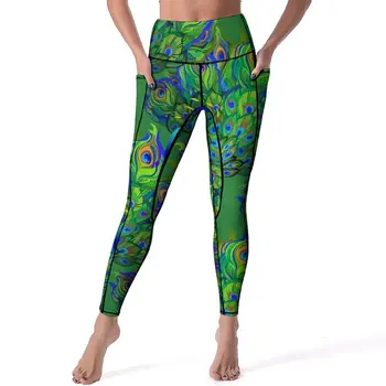 Tavuskuşu Tüyleri Tayt Mavi Yeşil Hayvan Spor Koşu Yoga Pantolon Yüksek Bel Retro Leggins Çabuk Kuru Grafik Spor Tayt
