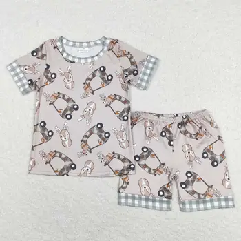 Toptan Yaz Çocuk Nightclothes Erkek Bebek Kısa Kollu Geyik Gömlek Şort Pijama Set Bebek Pijama Avcılık Kıyafet