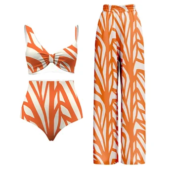 Turuncu Şerit Baskı Askı Mayo Seksi 2024 Mayo kadın Push-up Beachwear Pantolon Güneş Koruma Gömlek Bölünmüş Mayo