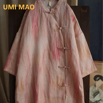UMİ MAO Vintage Elbise Zarif Kadın 2023 Sonbahar Kış Retro Keten Pembe Cheongsam Düğme Elbiseler Femme Y2K
