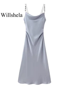 Willshela Kadın moda ışık mavi Backless Pileli Midi elbise Vintage ince sapanlar sallanan yaka kadın Chic Lady elbiseler