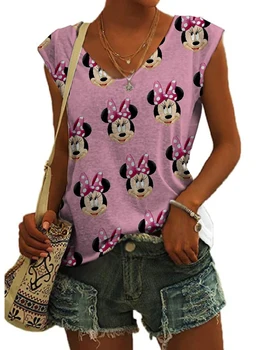 Yaz Disney Minnie Mouse Leopar Baskı Kolsuz Y2k Giysileri Harajuku Rahat Tankı Üstleri Moda V Boyun Kazak kadın Tankı T