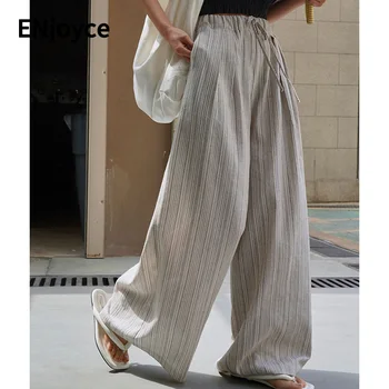 Yaz Kadın Vintage Çizgili Gevşek Keten Pantolon Kore Tarzı Elastik Yüksek Bel Rahat Büyük Geniş Bacak Güneş Koruyucu İnce Pantolon