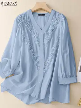 ZANZEA 2023 Sonbahar Düğme Dantel Patchwork Gömlek Kadınlar Casual uzun Kollu Bluz Katı Kadın Blusas V Yaka Tatil Üst Büyük Boy