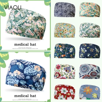 Çiçek Baskı Pamuk Scrubs Şapka Kadın Ayarlanabilir Rahat Tıbbi Şapka Doktorlar Cerrahi Kap Unisex Güzellik Salonu Çalışma Kapaklar