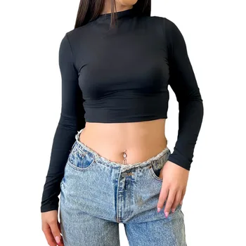 Üst Kadınlar Mock Boyun T-Shirt Kırpma Üstleri yaz giysileri Uzun Kollu Düz Renk İnce Şık Tees Seksi Kulübü y2k Streetwear